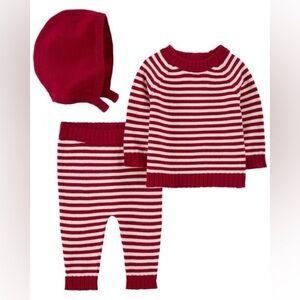 NEW‎ Carters Baby Red Ivory Striped 3 Piece Sweater Pants Bonnet Set 3M